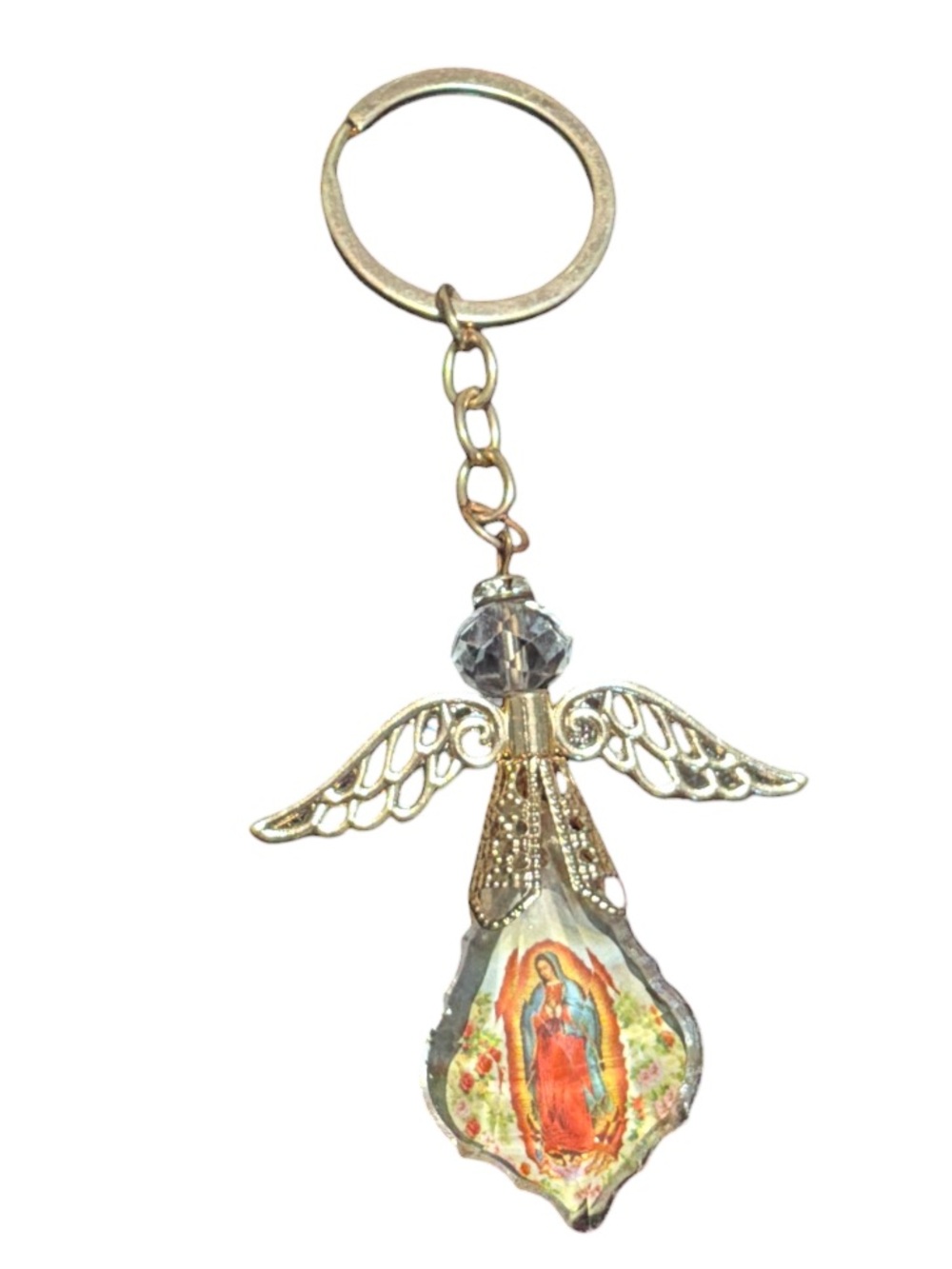 Angel Keychain Religious Our Lady of Guadalupe  - Gold Tone & Clear Crystal